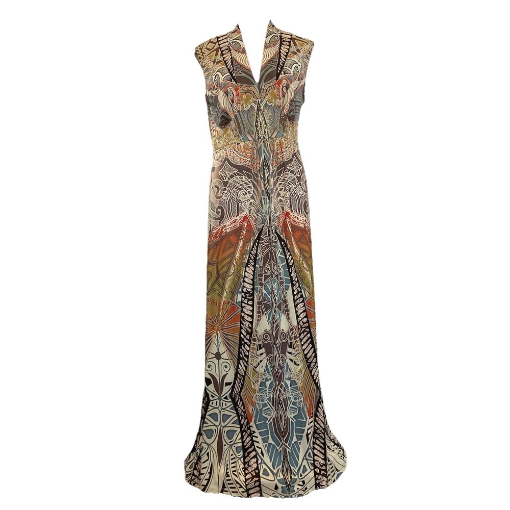 Unity World Women Dress Medium Brown Tan Beige V-neck Sleeveless Print